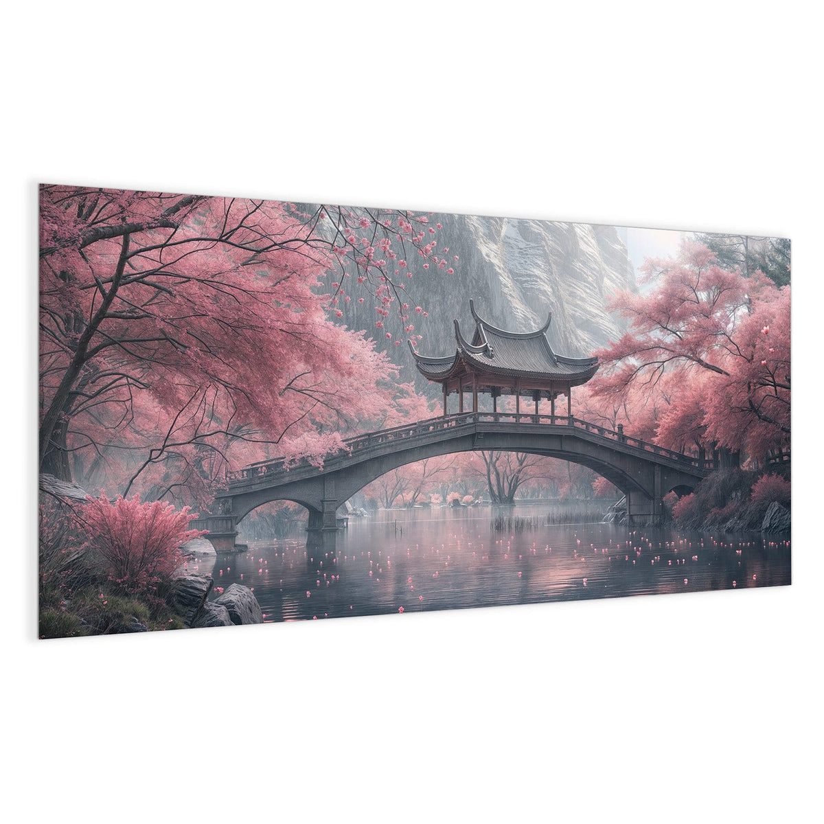 Steinbogenbrücke mit Pavillon zwischen rosa Kirschbäumen am Wasser