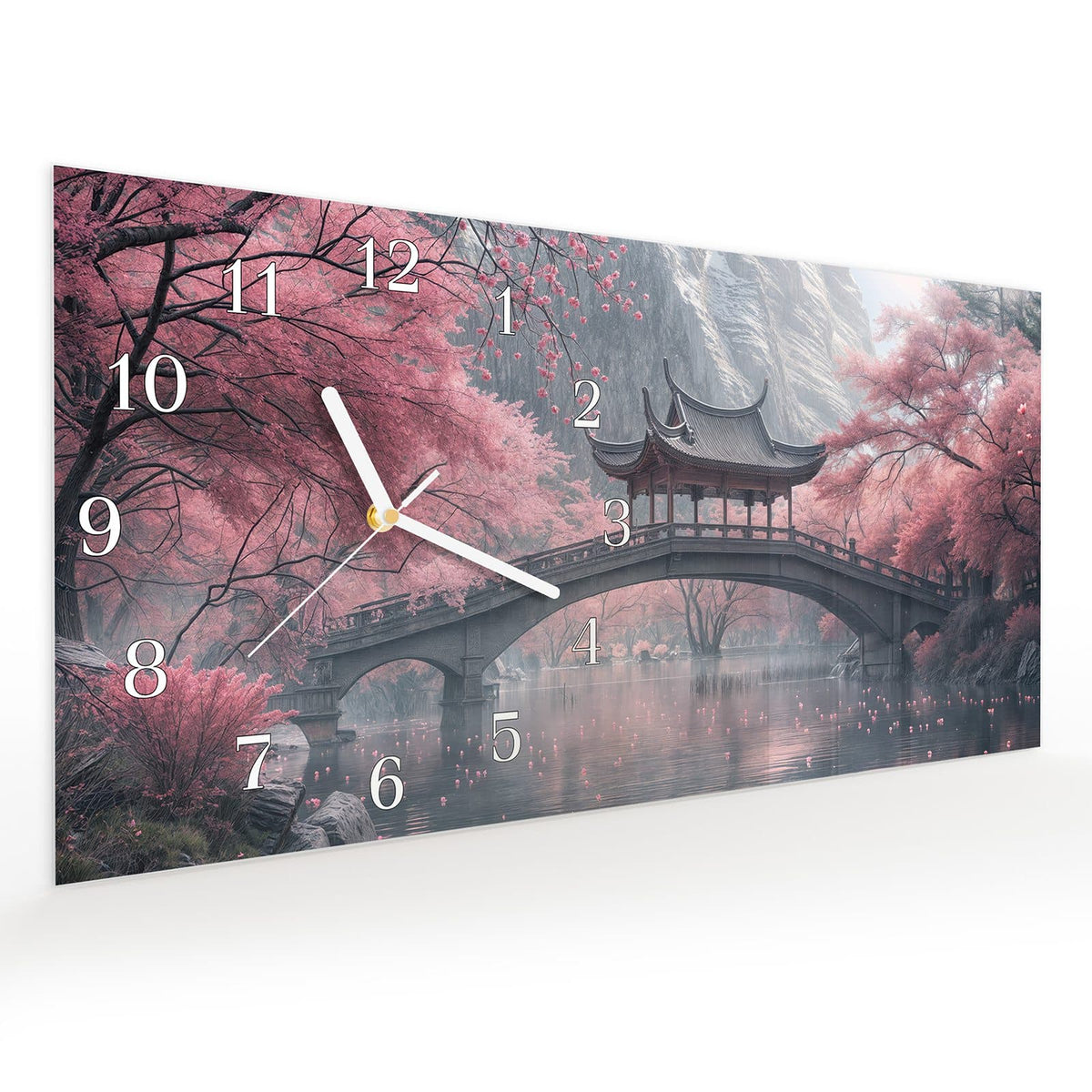 Vormontiert – mit Schwebeeffekt – Wanduhr Japanischer Garten aus Glas – Querformat 60 × 30 cm