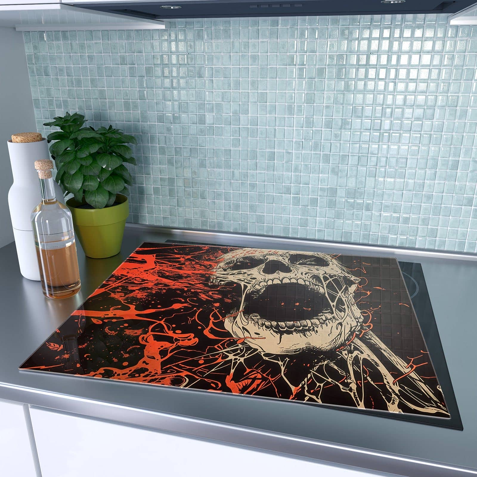 1-teilige Herdabdeckung für Induktionsfeld mit Schreiender Schädel-Motiv auf dem Ceranfeld