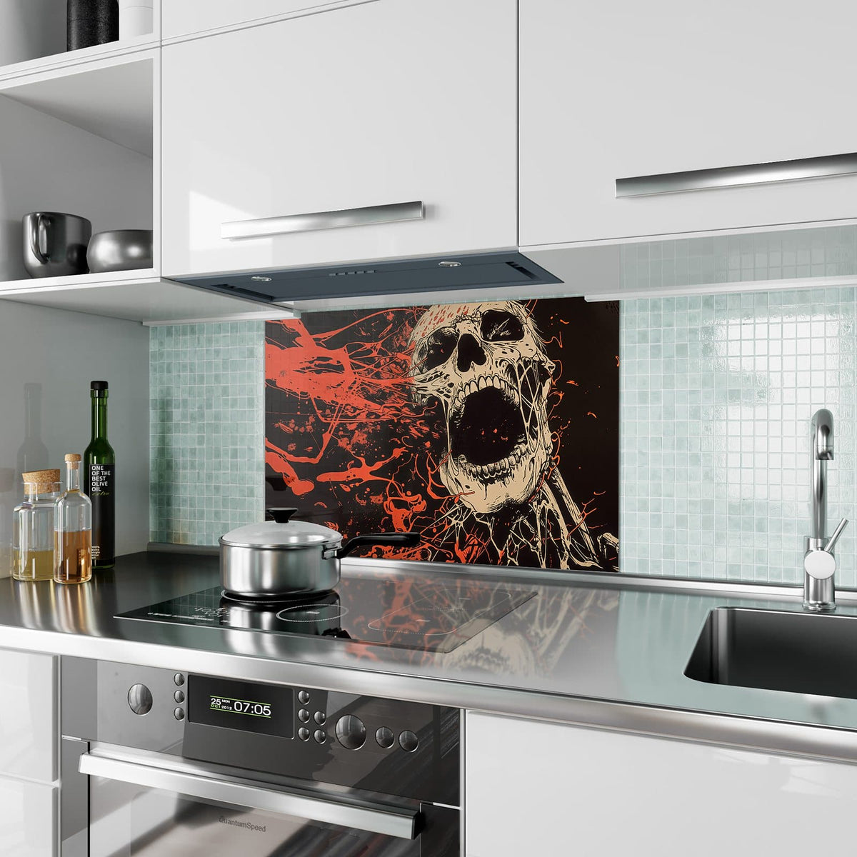 Küchenrückwand aus Glas Schreiender Schädel im Hochformat als Spritzschutz hinter dem Kochfeld, über dem Fliesenspiegel montiert