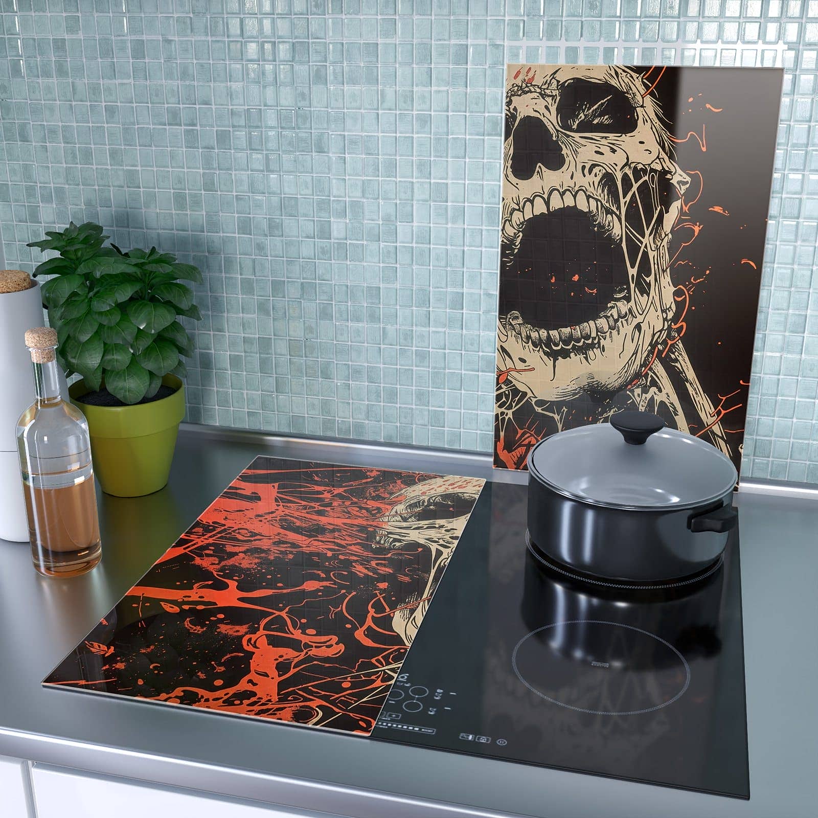 2-teilige Glasplatte für Herd mit Schreiender Schädel-Motiv als Spritzschutz hinter dem Kochfeld