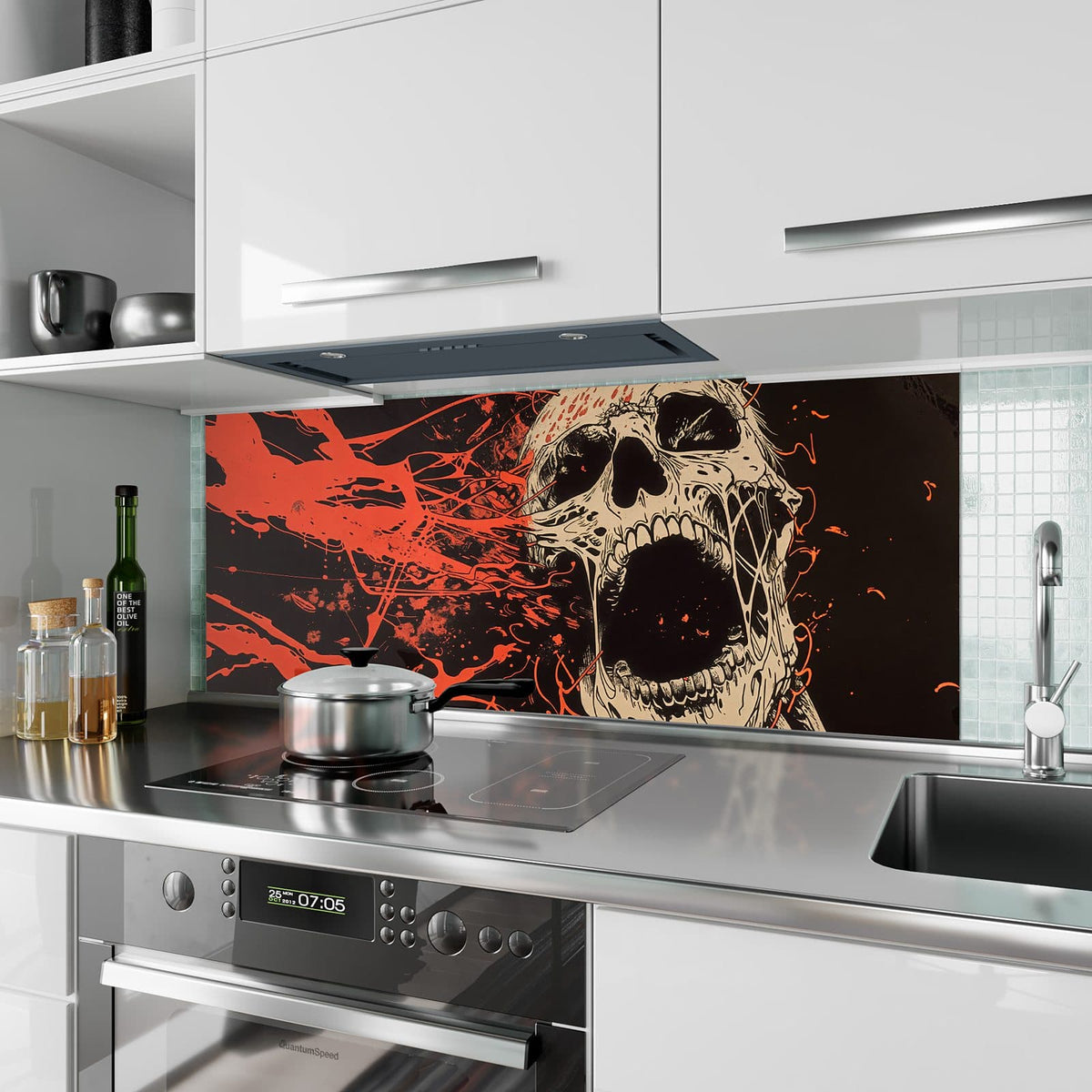 Küchenrückwand aus Glas Schreiender Schädel im Hochformat als Spritzschutz hinter dem Kochfeld, über dem Fliesenspiegel montiert