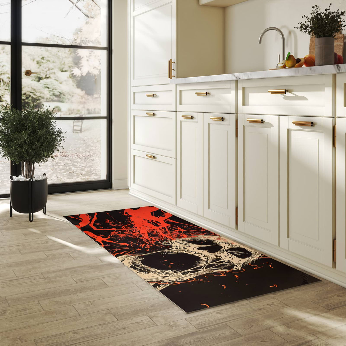 Komfortabler Teppich fürs Esszimmer mit Motiv Schreiendes Schädel in heller Küche, waschbar
