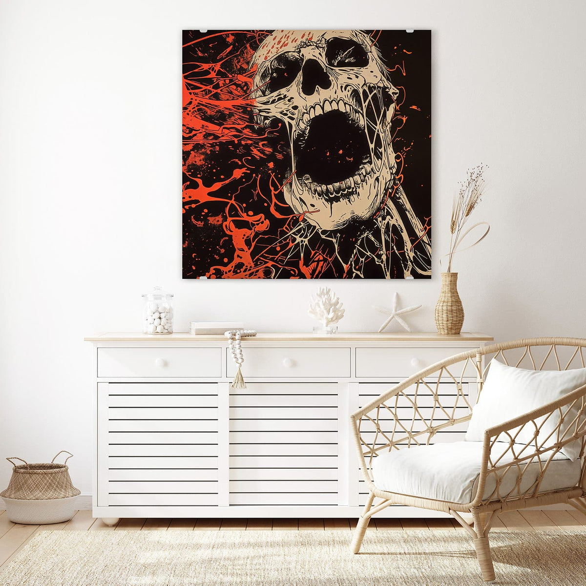 Glasbild Schreiender Schädel an der Wand – Totenschädel mit weit aufgerissenem Kiefer vor roten Spritzern auf Schwarz