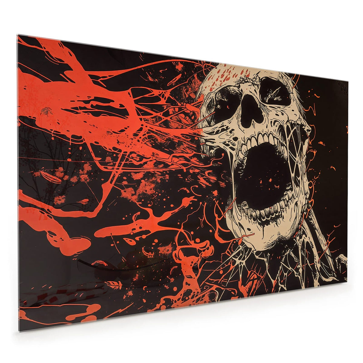 Küchenrückwand aus Glas im Hochformat mit Motiv Schreiender Schädel: Totenschädel mit weit aufgerissenem Kiefer vor roten Spritzern auf Schwarz
