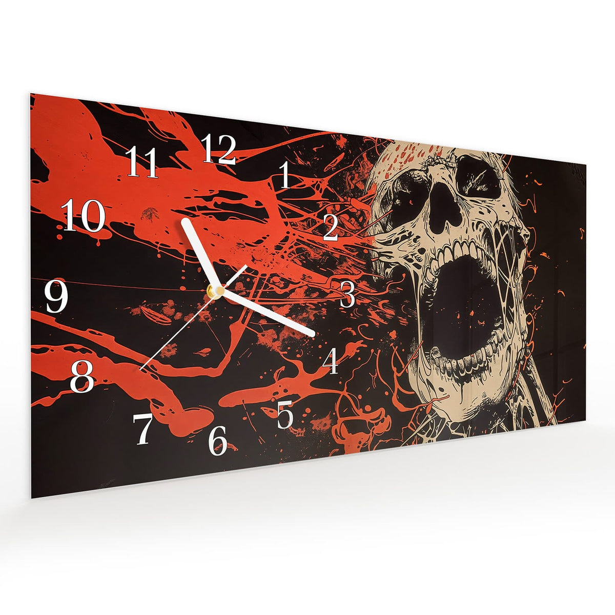 Vormontiert – mit Schwebeeffekt – Wanduhr Schreiender Schädel aus Glas – Querformat 60 × 30 cm