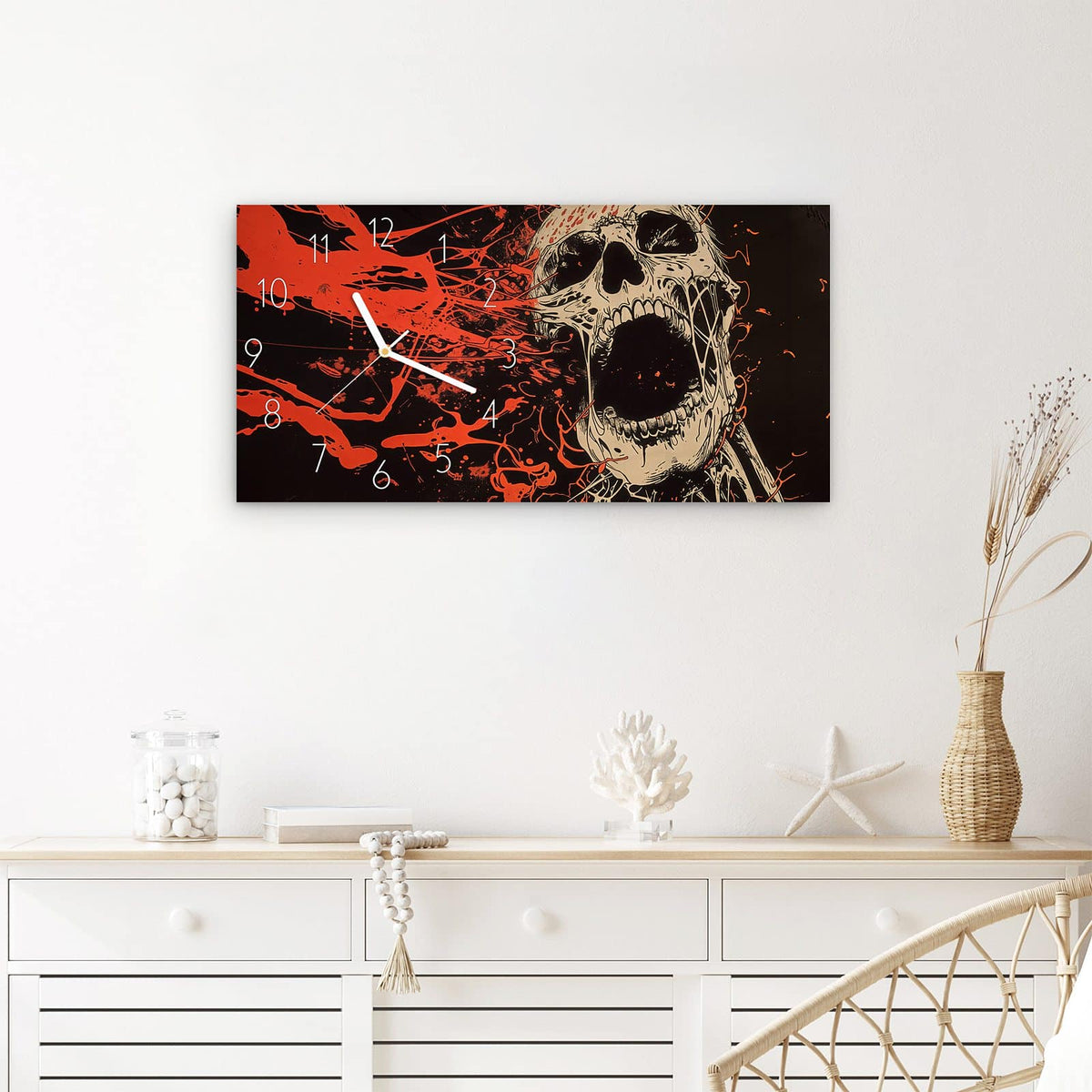 Wanduhr Schreiender Schädel aus Glas – Querformat 60 × 30 cm – Schädel mit orange-roten Spritzern