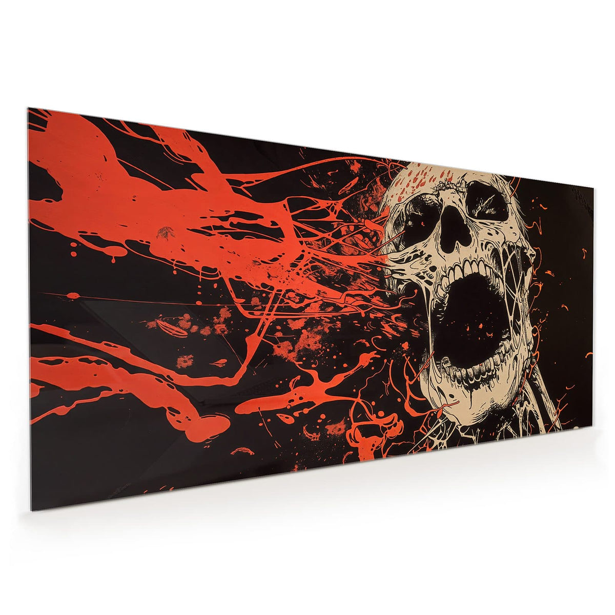 Küchenrückwand aus Glas im Hochformat mit Motiv Schreiender Schädel: Totenschädel mit weit aufgerissenem Kiefer vor roten Spritzern auf Schwarz