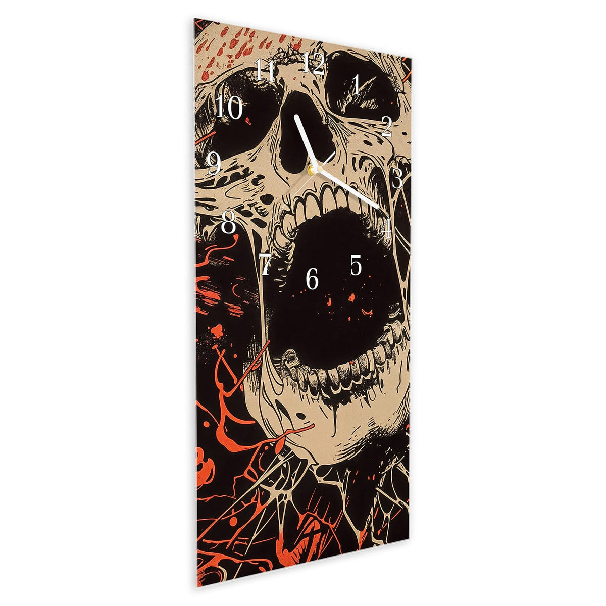 Vormontiert – mit Schwebeeffekt – Wanduhr Schreiender Schädel aus Glas – Hochformat 30 × 60 cm