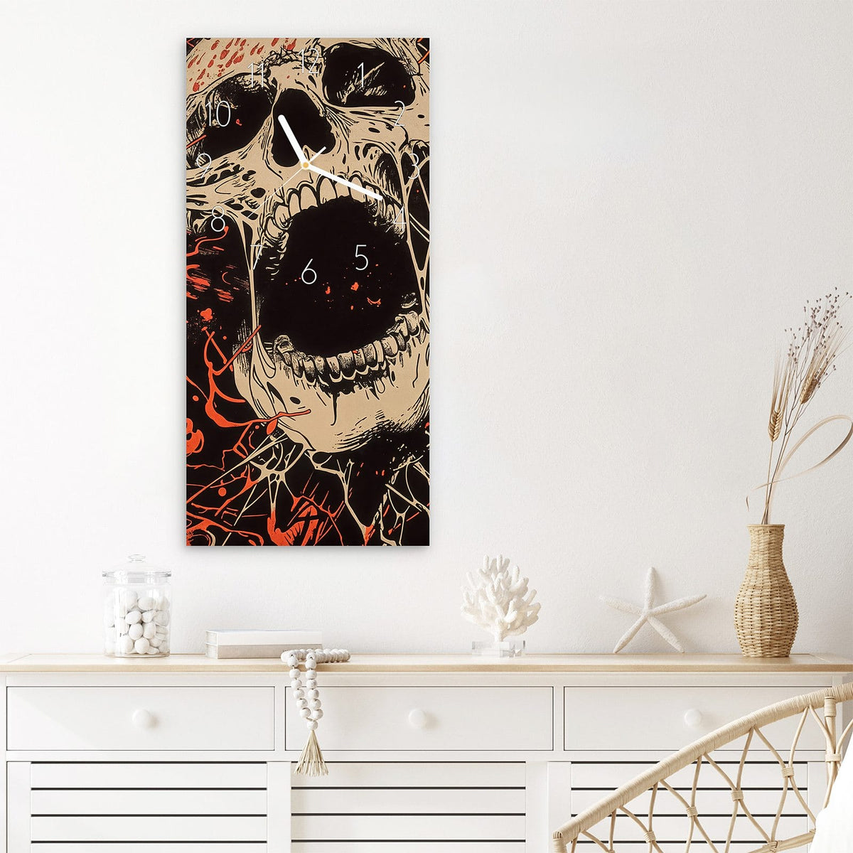 Wanduhr Schreiender Schädel aus Glas – Hochformat 30 × 60 cm – Schädel mit orange-roten Spritzern