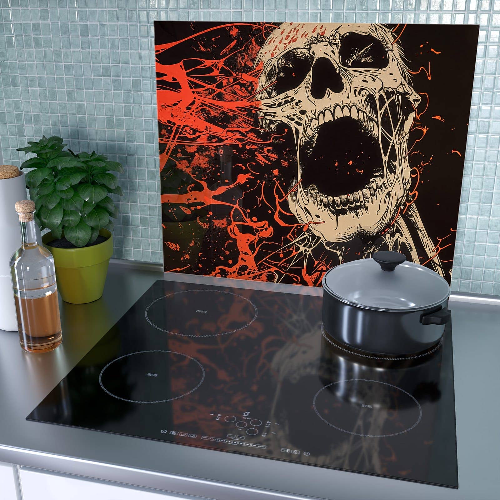 1-teilige Glasabdeckplatte für Ceranfeld mit Schreiender Schädel-Motiv als Spritzschutz hinter dem Kochfeld
