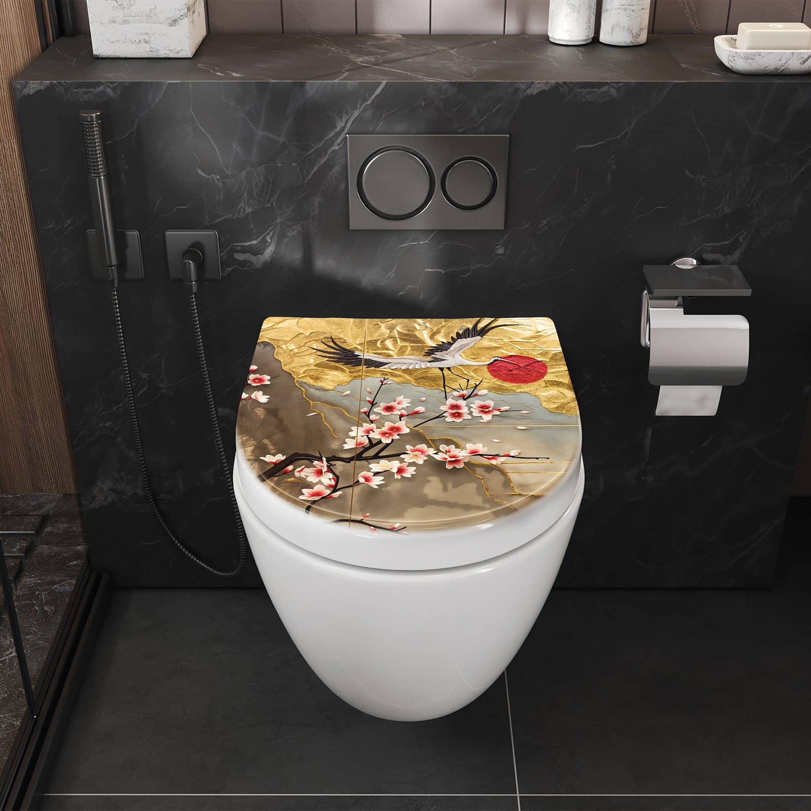WC-Sitz mit Absenkautomatik Blüten und Kraniche