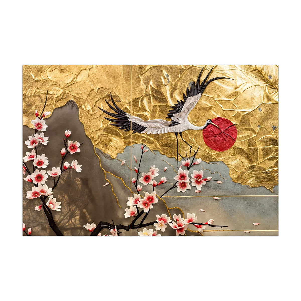 Küchenrückwand aus Glas Kranich über Blüten im Hochformat, Motiv bildfüllend von vorn