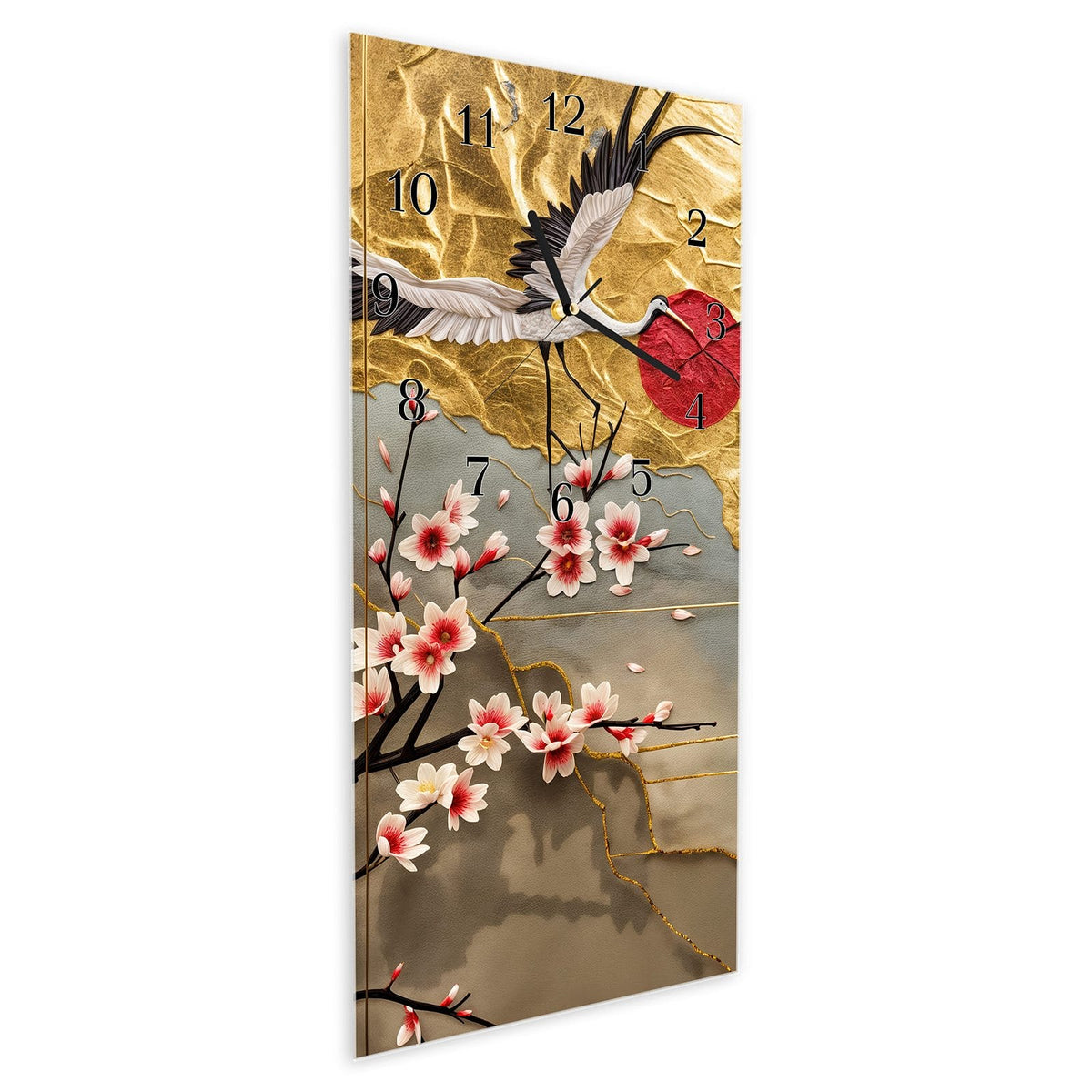 Vormontiert – mit Schwebeeffekt – Wanduhr Blüten und Kraniche aus Glas – Hochformat 30 × 60 cm