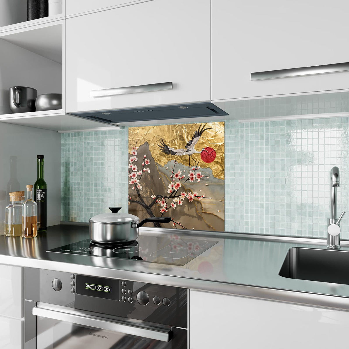 Küchenrückwand aus Glas Kranich über Blüten im quadratischen Format als Spritzschutz hinter dem Kochfeld, über dem Fliesenspiegel montiert
