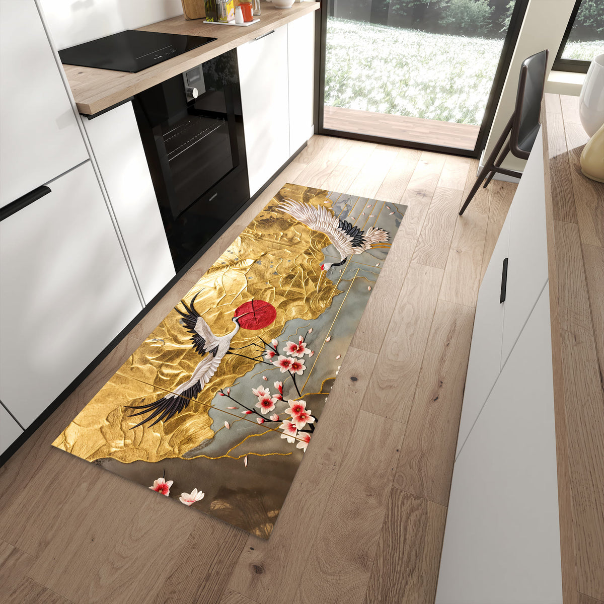 Abriebfester Küchenteppich mit Motiv Blüten und Kraniche in moderner Küche