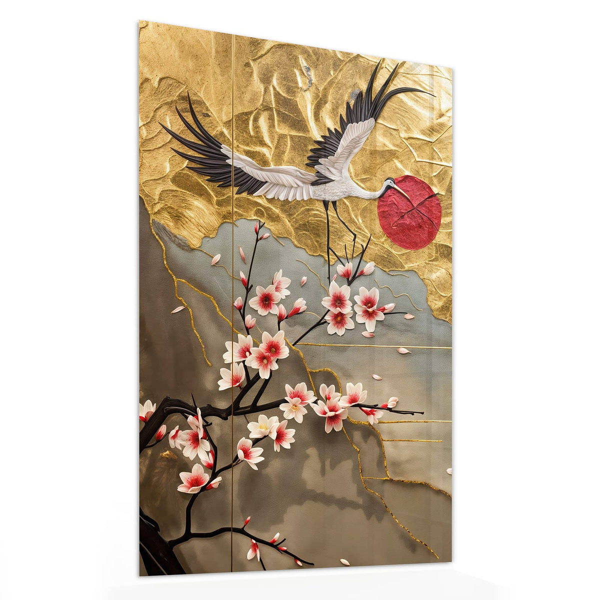 11 Größen – von 30 × 60 bis 60 × 150 cm – Wandbild - Kranich über Blüten - Hochformat