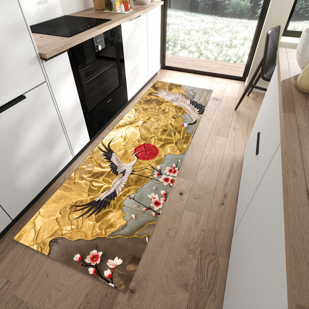 UV-beständiger Küchenteppich mit Motiv Blüten und Kraniche in moderner Küche