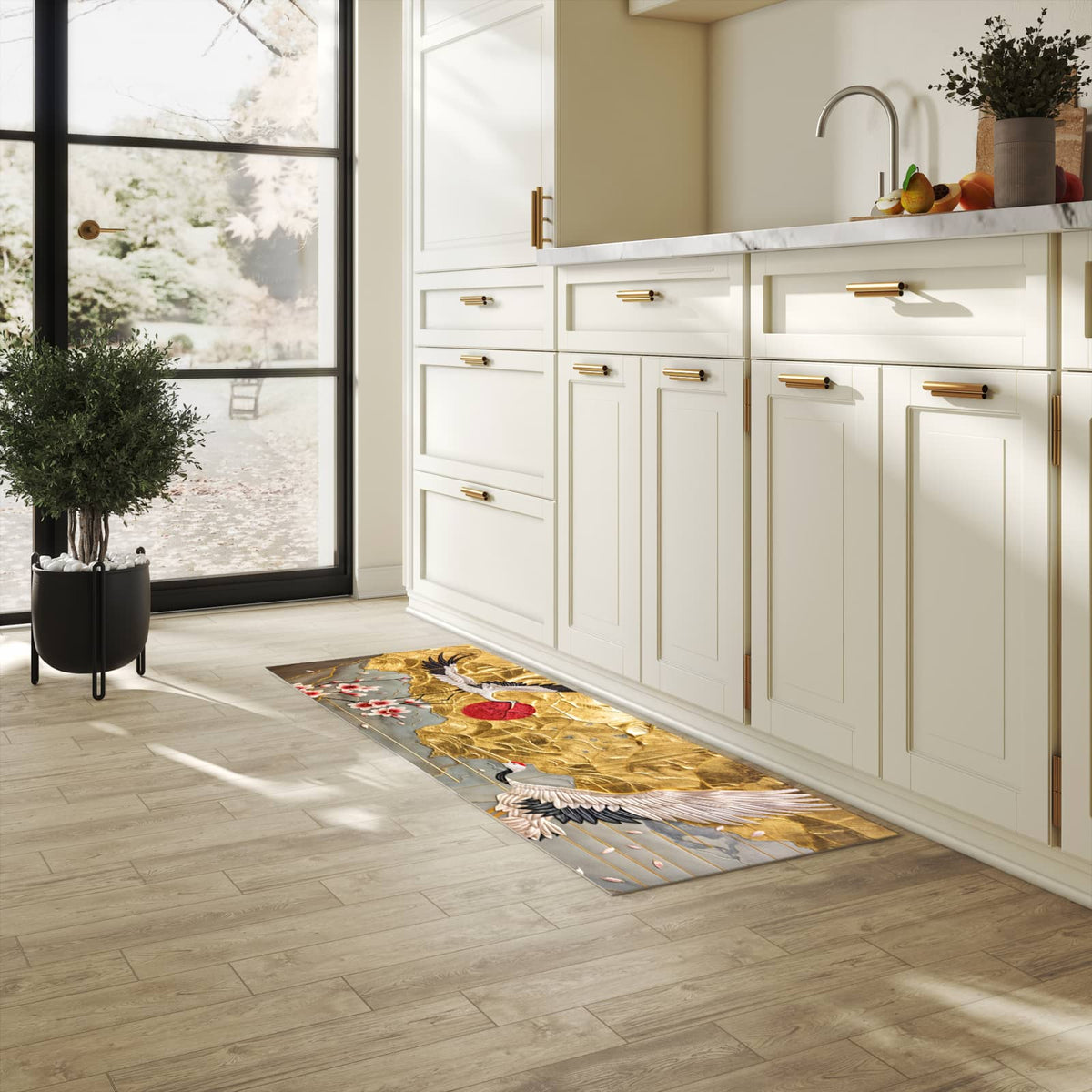 Bodenschonender Küchenteppich mit Motiv Blüten und Kraniche in heller Küche