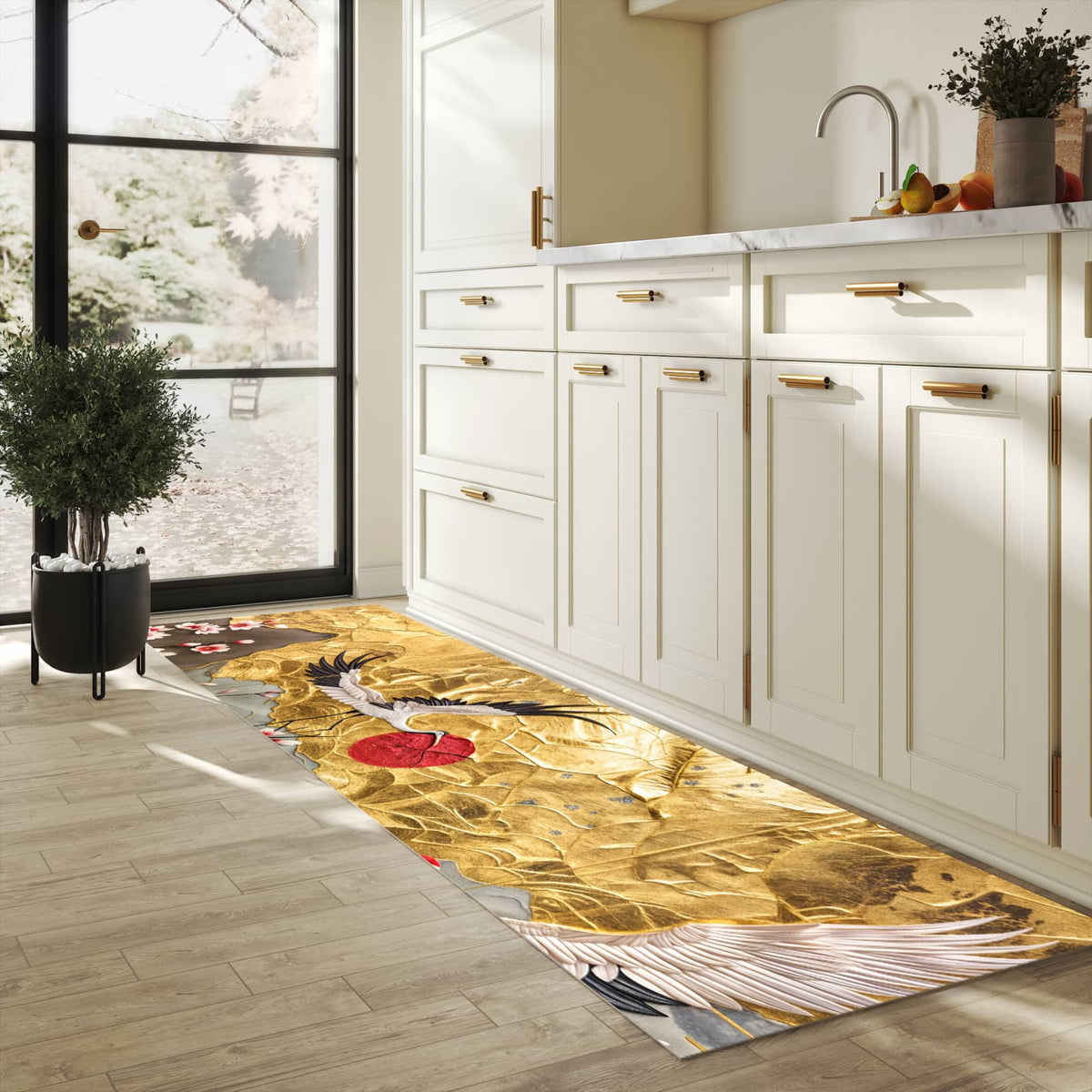 Abriebfester Küchenläufer mit Motiv Blüten und Kraniche in heller Küche