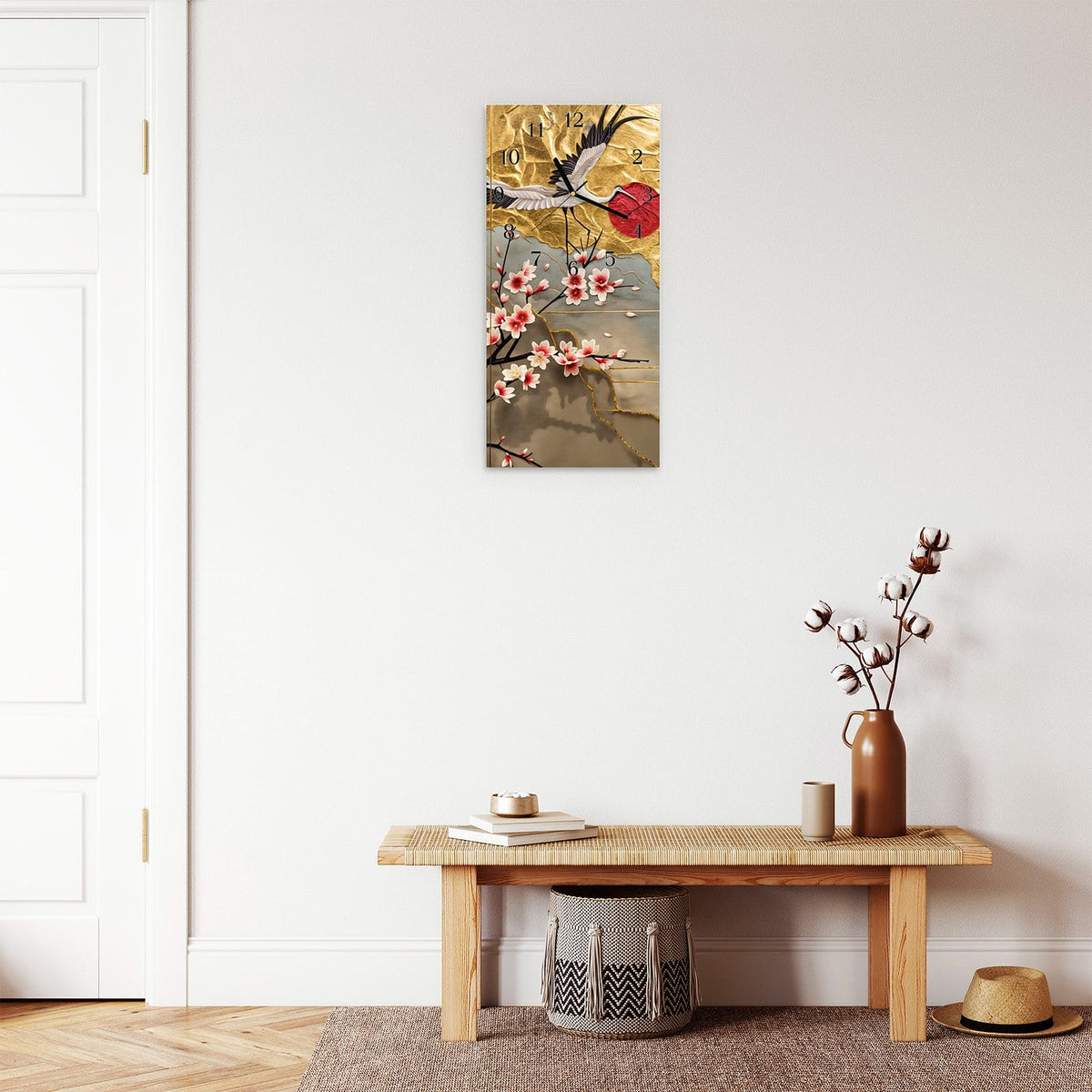 Moderne Wanduhr aus Glas mit Farbtiefe – Wanduhr Blüten und Kraniche aus Glas – Hochformat 30 × 60 cm