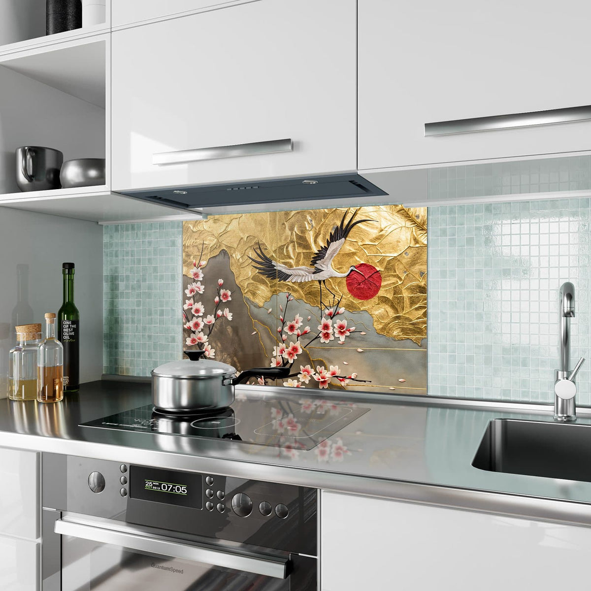 Küchenrückwand aus Glas Kranich über Blüten im Hochformat als Spritzschutz hinter dem Kochfeld, über dem Fliesenspiegel montiert