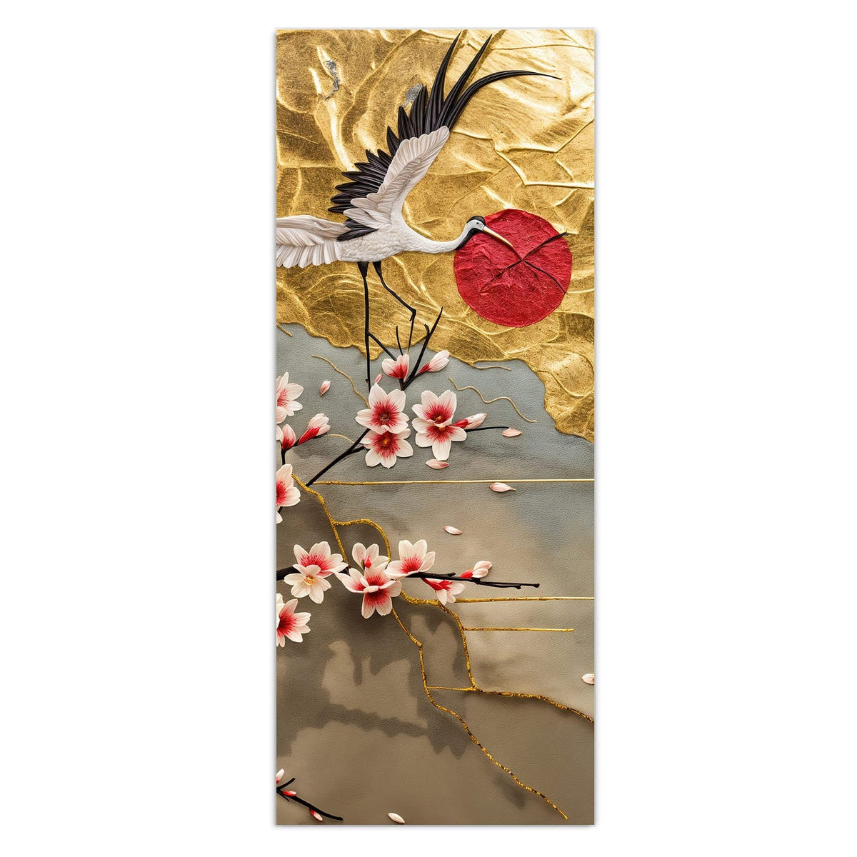 Wandbild - Kranich über Blüten - Hochformat – Kranich über Kirschblüten in Gold