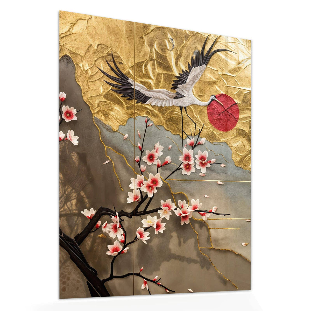 Echtglas, 4 mm – kein Acryl, keine Folie – Wandbild - Kranich über Blüten - Hochformat
