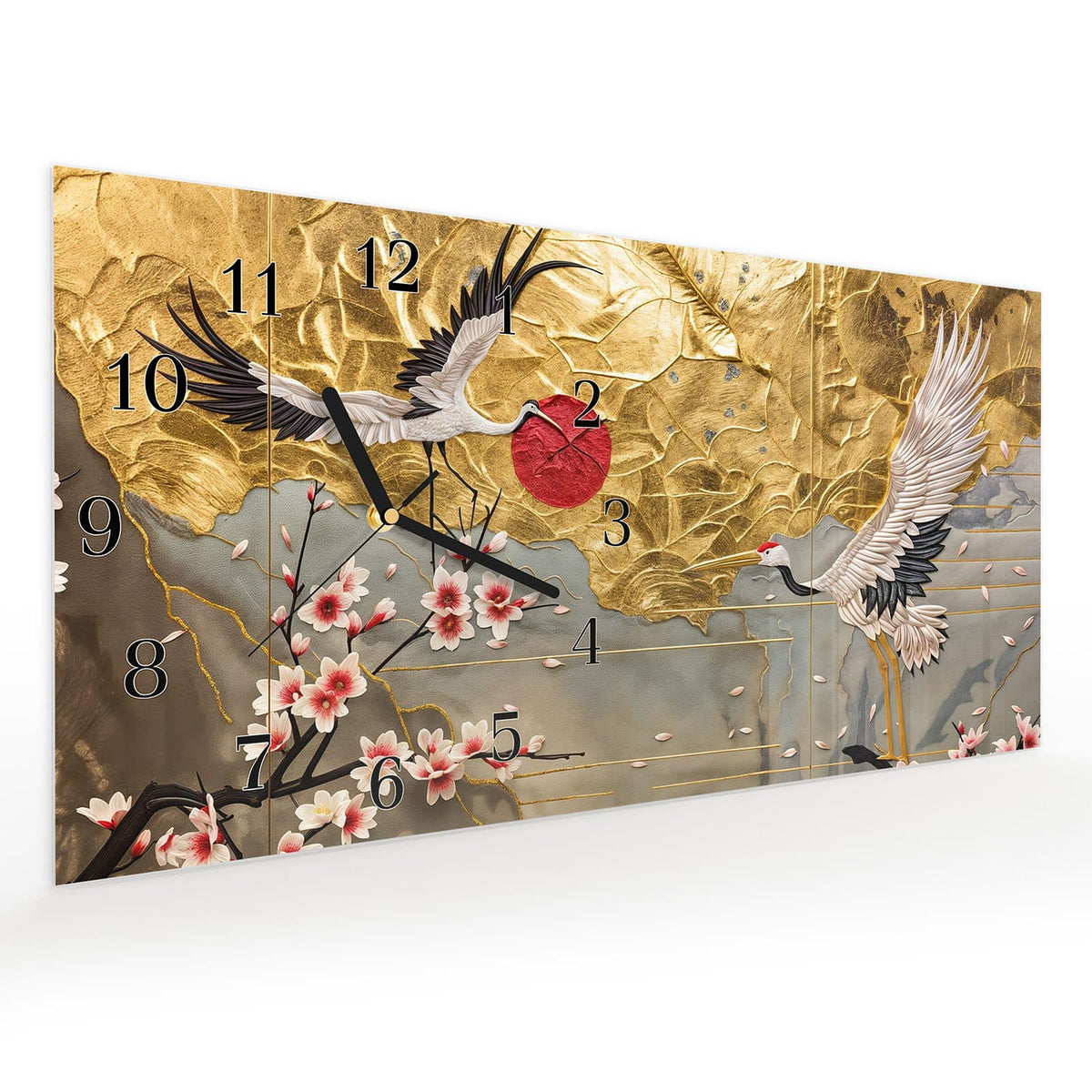 Vormontiert – mit Schwebeeffekt – Wanduhr Blüten und Kraniche aus Glas – Querformat 60 × 30 cm