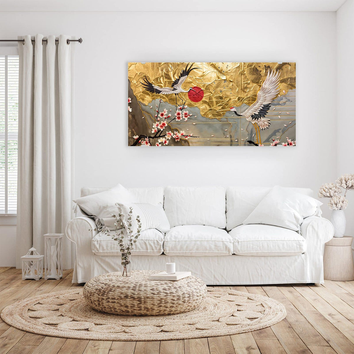 Wandbild - Kranich über Blüten - Querformat – Kranich über Kirschblüten in Gold