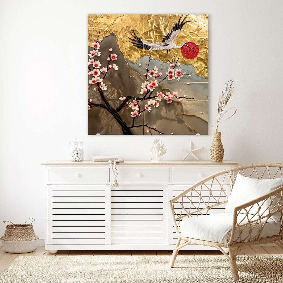 Echtglas, 4 mm – kein Acryl, keine Folie – Wandbild - Kranich über Blüten - Quadratisch