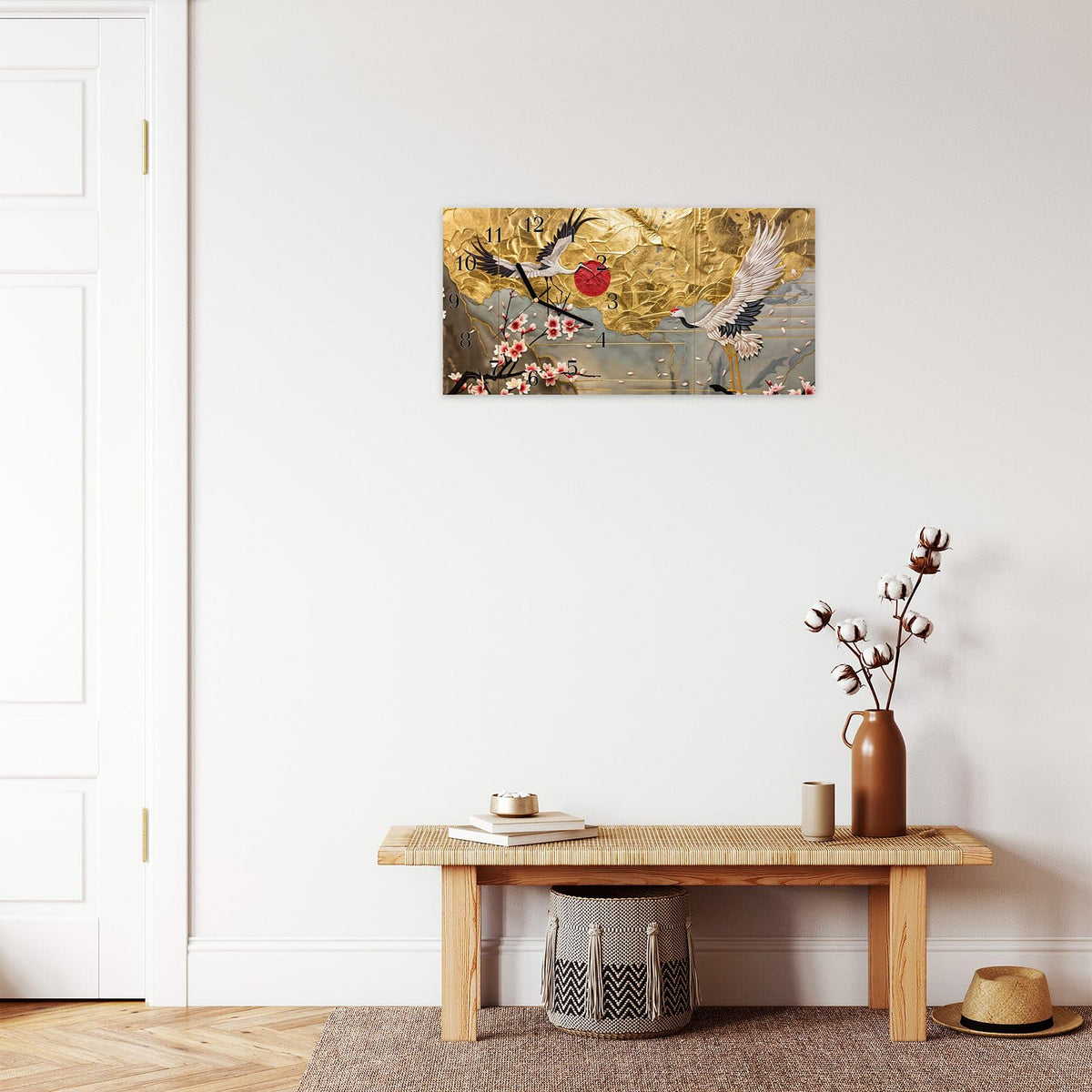 Moderne Wanduhr aus Glas mit Farbtiefe – Wanduhr Blüten und Kraniche aus Glas – Querformat 60 × 30 cm