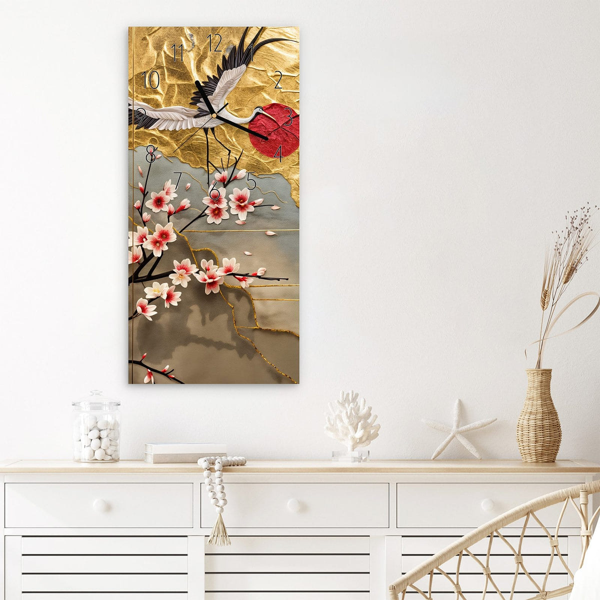 Wanduhr Blüten und Kraniche aus Glas – Hochformat 30 × 60 cm – Goldene Kraniche über Kirschblüten