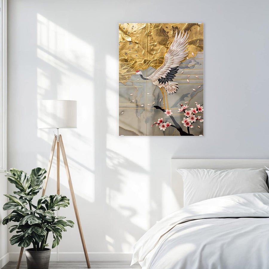 Maße Wandbild - Kranich über Blüten - Hochformat
