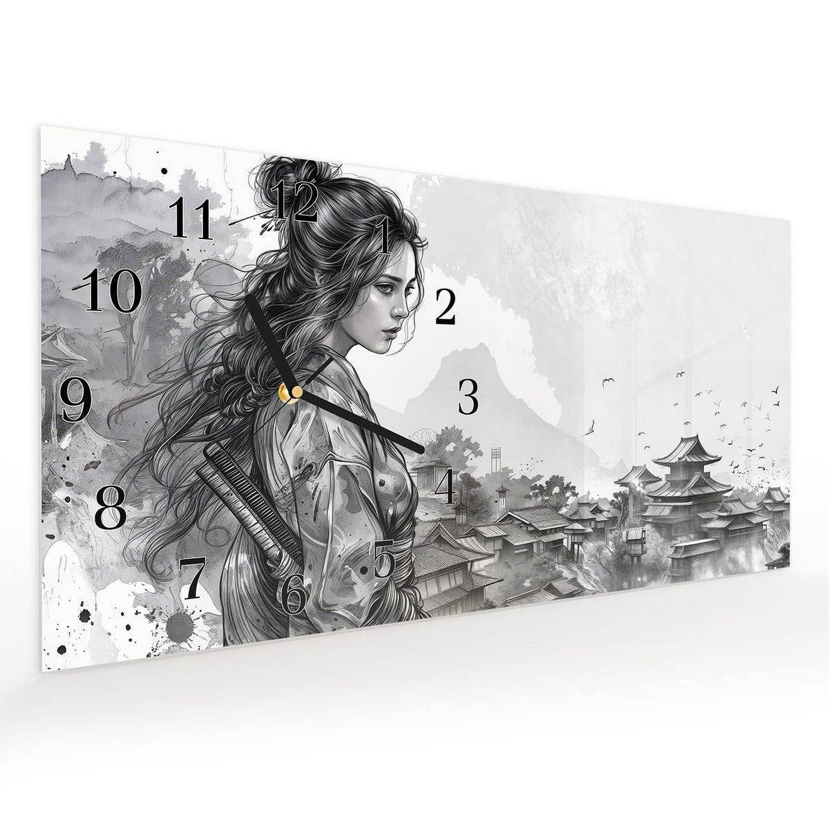 Vormontiert – mit Schwebeeffekt – Wanduhr Samurai Kriegerin Stadt aus Glas – Querformat 60 × 30 cm