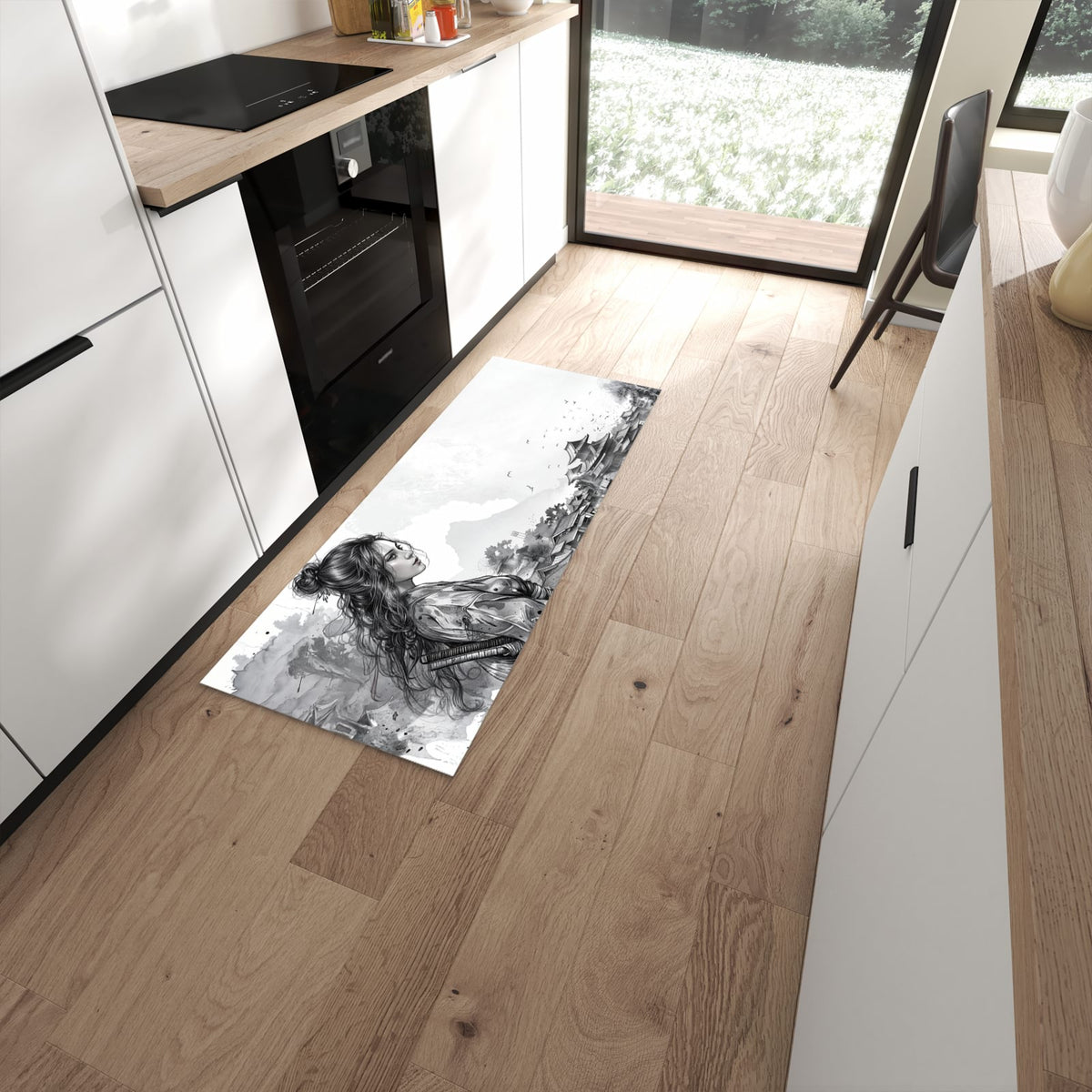 Pflegeleichter Küchenteppich mit Motiv Samurai Kriegerin Stadt in moderner Küche #grösse_60 x 150 cm
