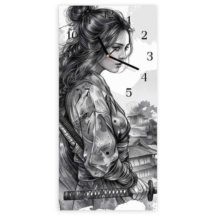 Wanduhr Samurai Kriegerin Stadt aus Glas – Hochformat 30 × 60 cm mit Ziffernblatt Klassisch