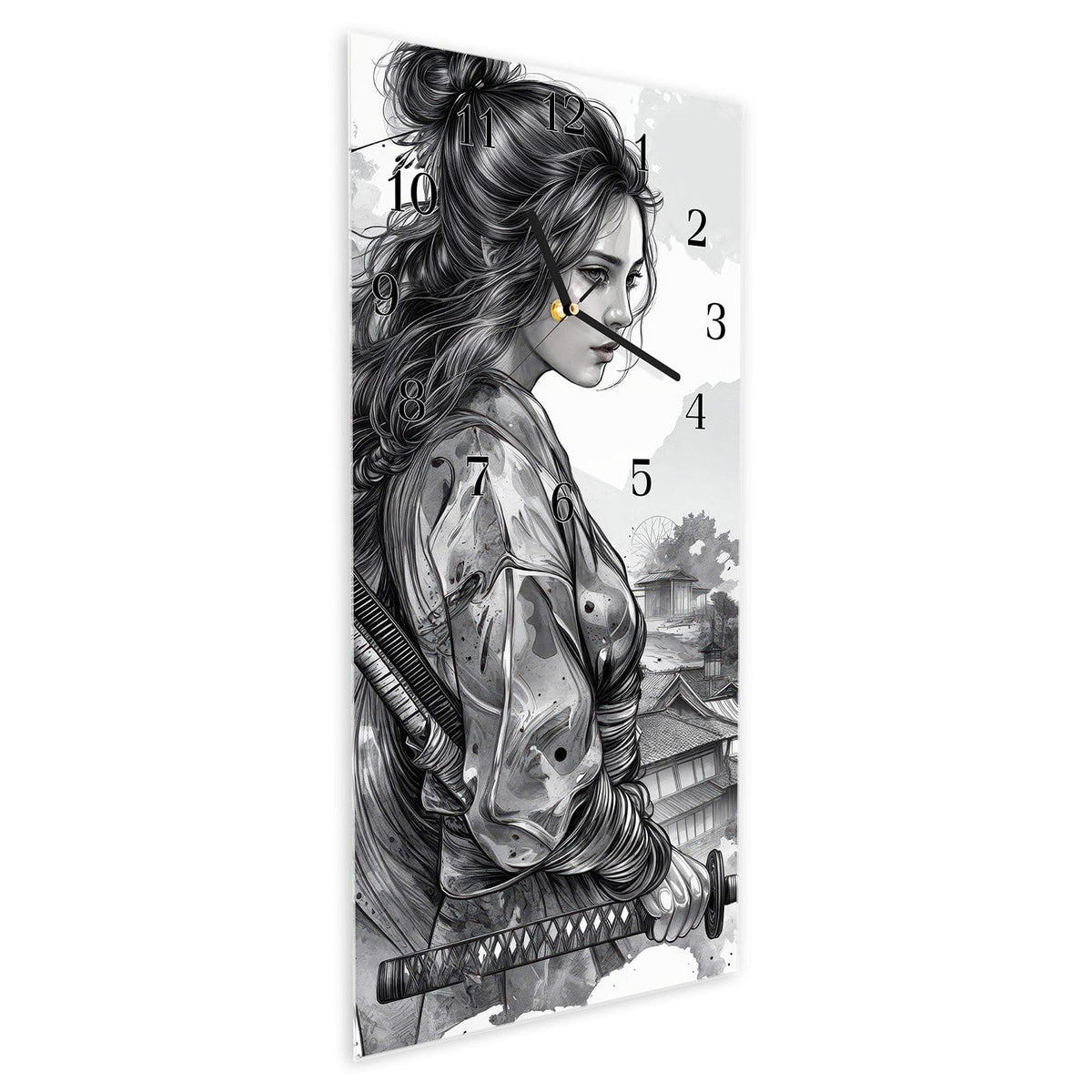 Vormontiert – mit Schwebeeffekt – Wanduhr Samurai Kriegerin Stadt aus Glas – Hochformat 30 × 60 cm