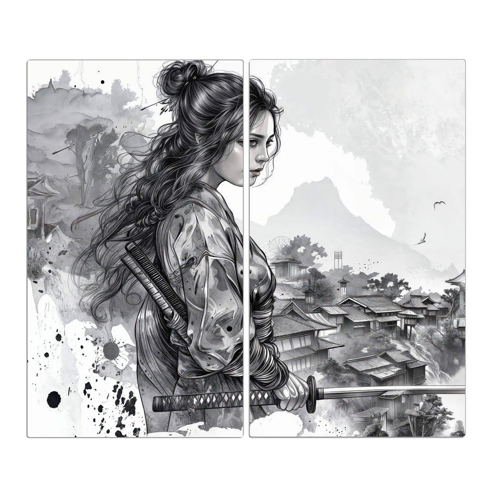 2-teilige Abdeckplatten für den Herd mit Samurai Kriegerin Stadt-Motiv in der Frontansicht #grösse_2-Teilig (60x52cm)