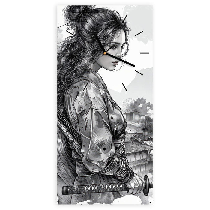 Wanduhr Samurai Kriegerin Stadt aus Glas – Hochformat 30 × 60 cm mit Ziffernblatt Linie