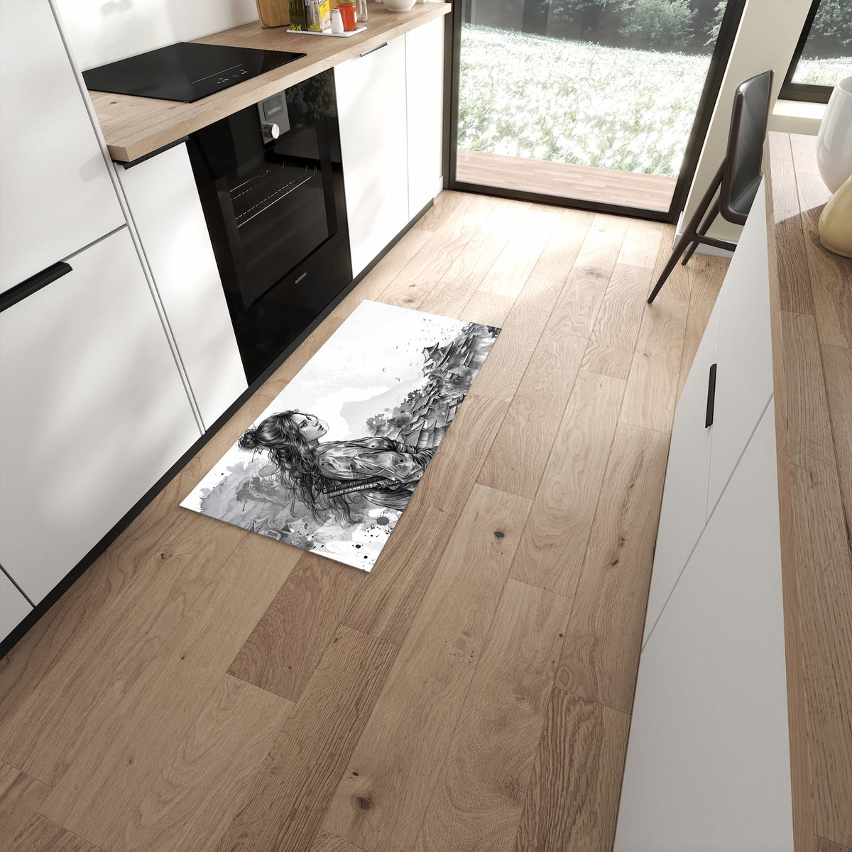 Flacher Küchenteppich mit Motiv Samurai Kriegerin Stadt in moderner Küche für rutschfesten Stand #grösse_60 x 120 cm