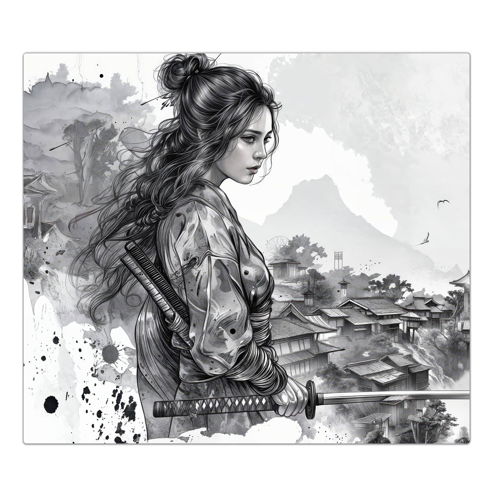 1-teilige Herdabdeckplatte mit Samurai Kriegerin Stadt-Motiv in der Frontansicht #grösse_1-Teilig (60x52cm)