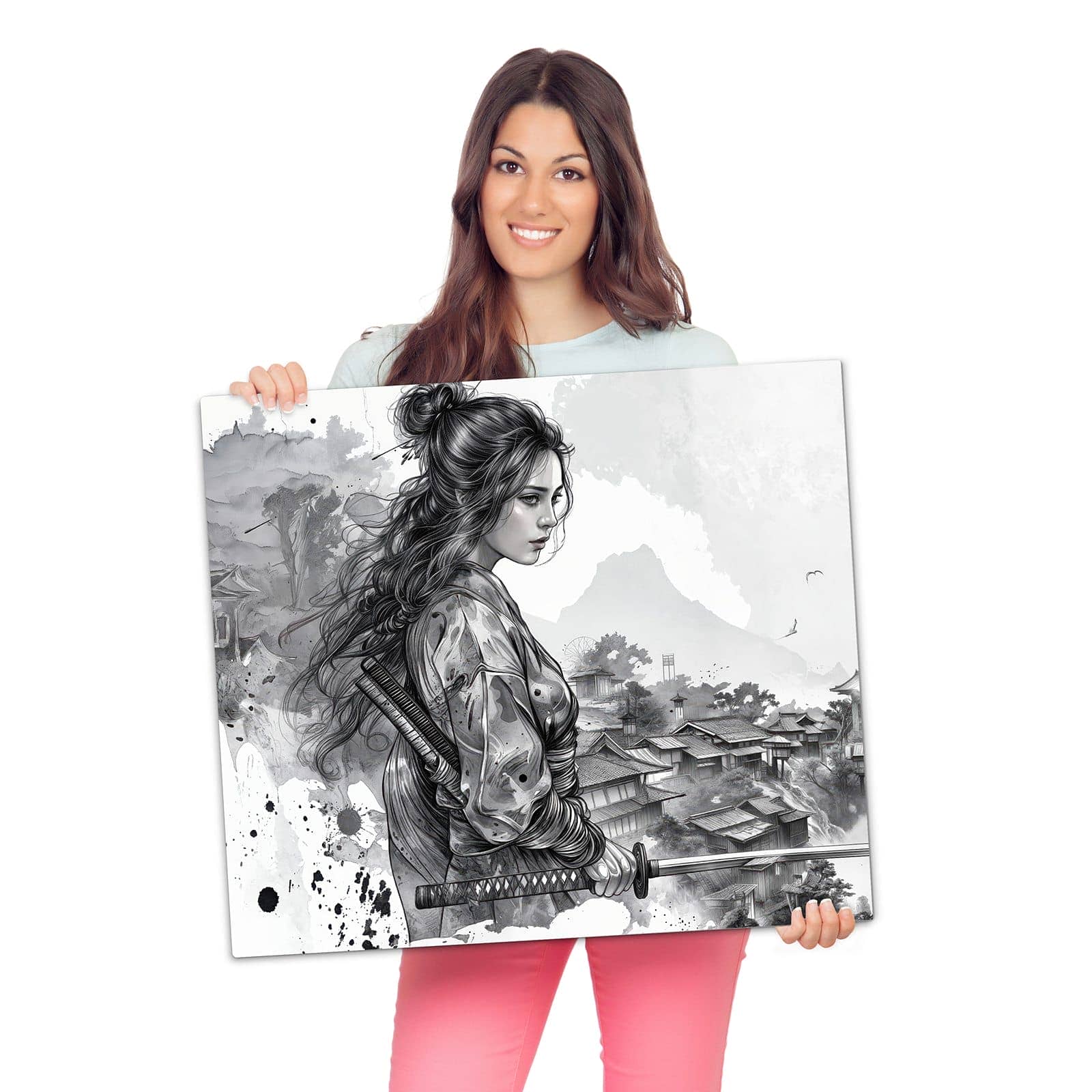 Herdabdeckplatte aus Glas mit Samurai Kriegerin Stadt-Motiv wird zur Größendarstellung gehalten