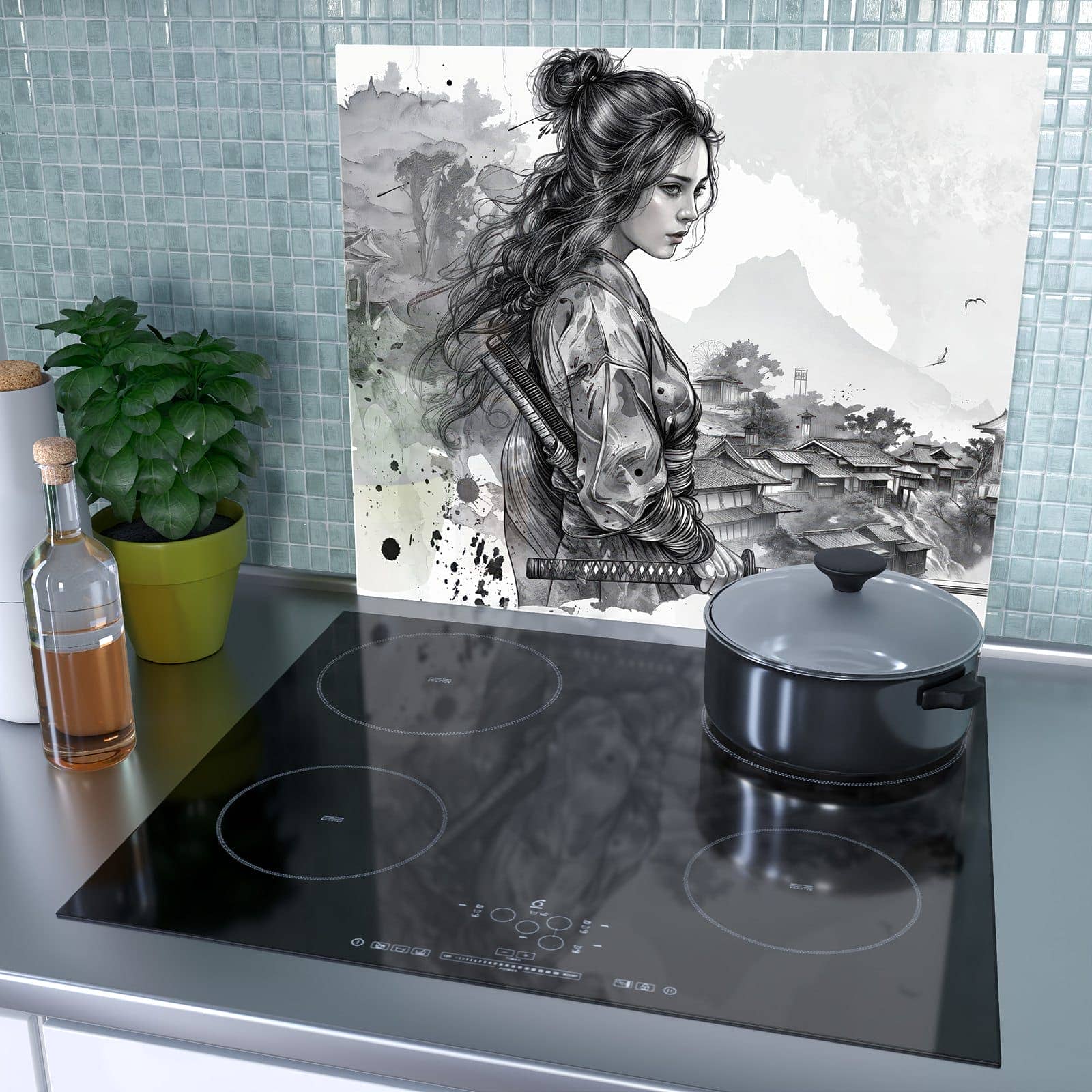 1-teilige Herdabdeckplatten für Ceranfeld mit Samurai Kriegerin Stadt-Motiv als Spritzschutz hinter dem Kochfeld