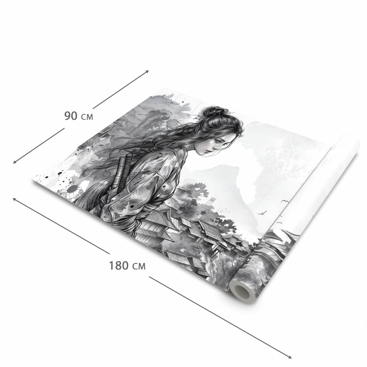 Abriebfester großer Küchenteppich mit Motiv Samurai Kriegerin Stadt in der Größe 80x200 cm