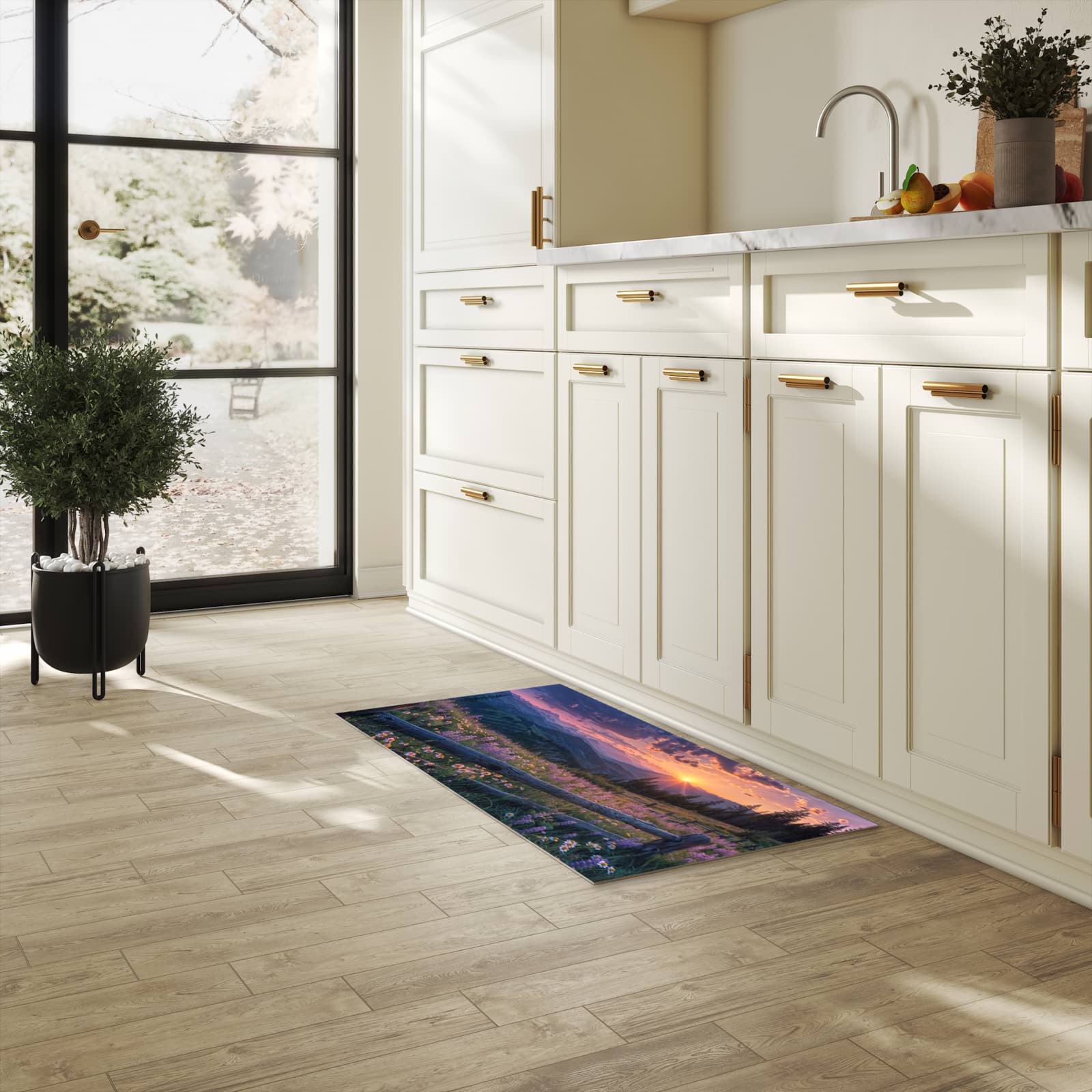 Rutschfester Küchenteppich mit Motiv Sonnenuntergang Wiese in heller Küche schützt den Boden