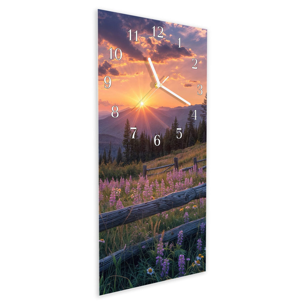 Vormontiert – mit Schwebeeffekt – Wanduhr Sonnenuntergang Wiese aus Glas – Hochformat 30 × 60 cm