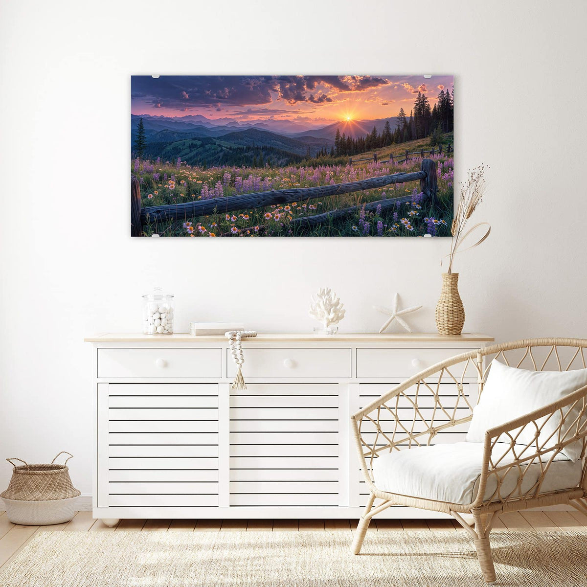 Echtglas, 4 mm – kein Acryl, keine Folie – Wandbild - Lila Blüten am Zaun - Querformat