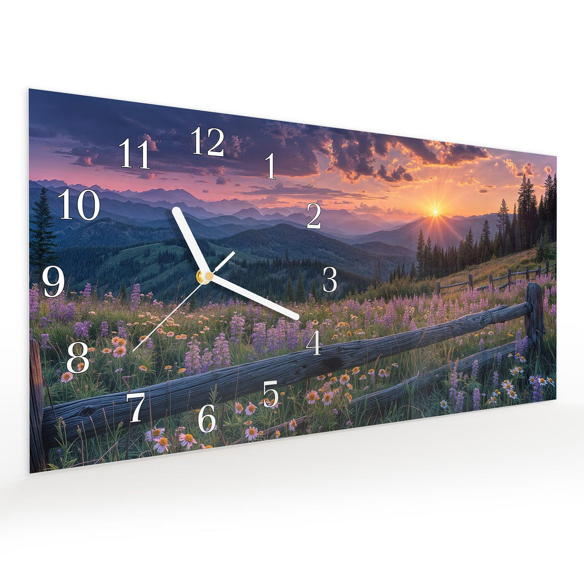 Vormontiert – mit Schwebeeffekt – Wanduhr Sonnenuntergang Wiese aus Glas – Querformat 60 × 30 cm