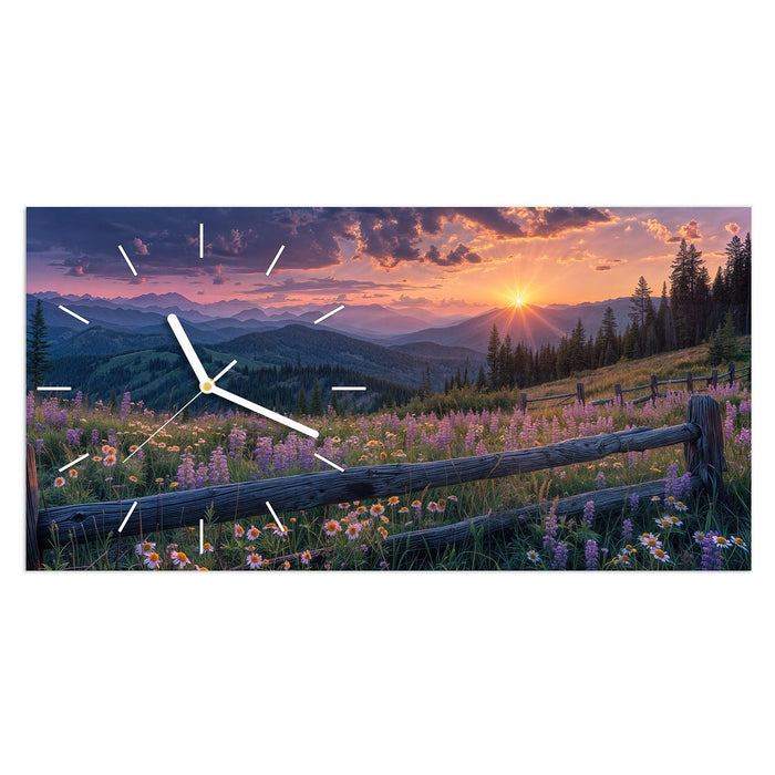 Wanduhr Sonnenuntergang Wiese aus Glas – Querformat 60 × 30 cm mit Ziffernblatt Linie